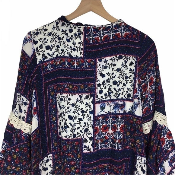 ENTRO Dress Patchwork Bell Sleeve Boho Prairie Peasant Hippie Gypsy Tunic Large - Picture 4 of 16
